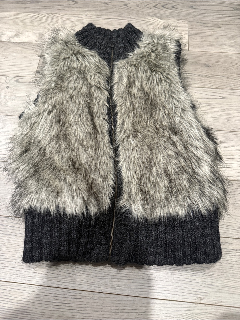 LOFT Faux Fur Front Knit Vest in Gray and Cream